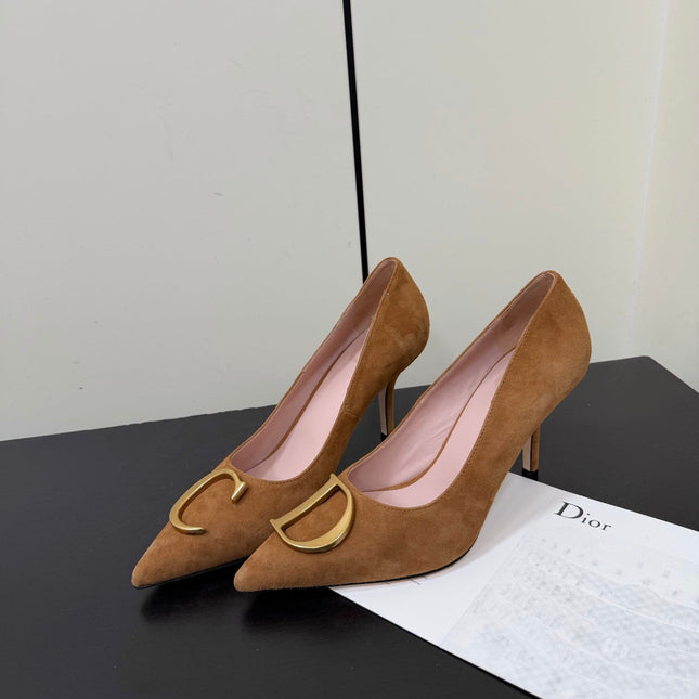 DIOR 26S POINTED-TOE HIGH HEELS 70MM IN TAN BROWN SUEDE GOLD HARDWARE