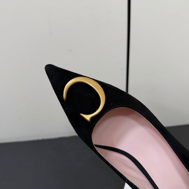DIOR 26S POINTED-TOE HIGH HEELS 70MM IN BLACK SUEDE GOLD HARDWARE