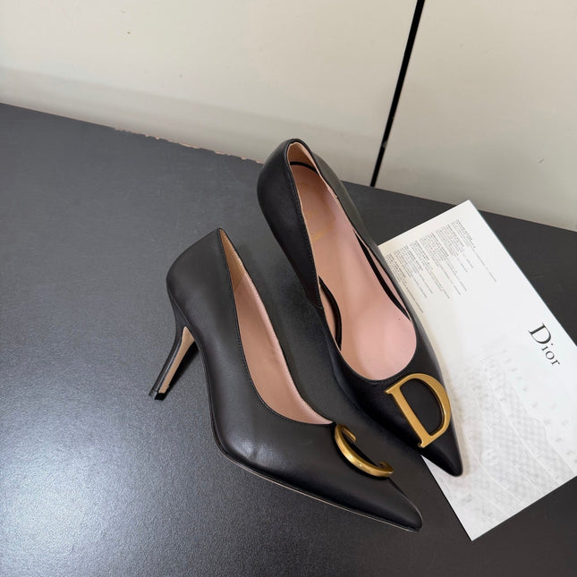 DIOR 26S POINTED-TOE HIGH HEELS 70MM IN BLACK CALFSKIN GOLD HARDWARE