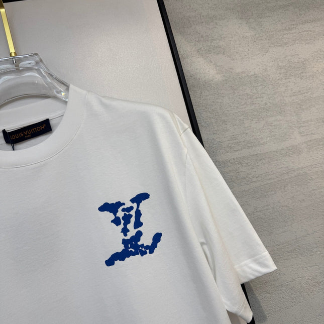 LV WHITE COTTON T-SHIRT BLUE STYLIZED LOGO 238917