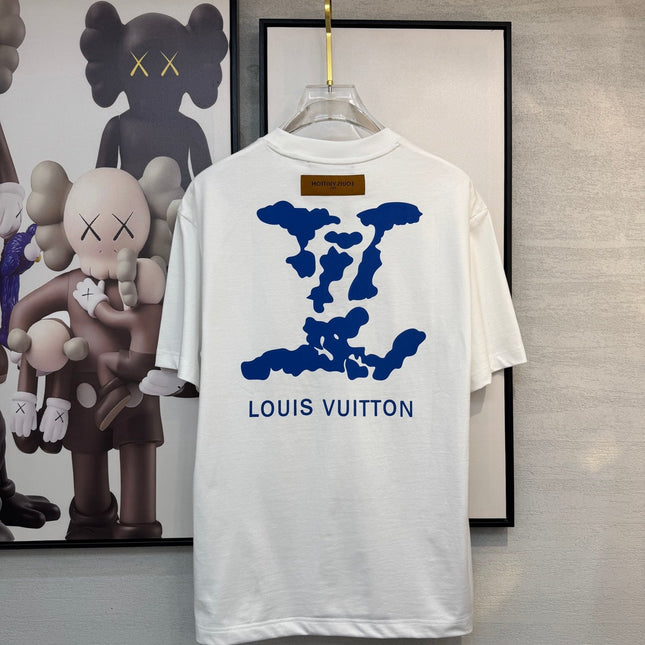LV WHITE COTTON T-SHIRT BLUE STYLIZED LOGO 238917