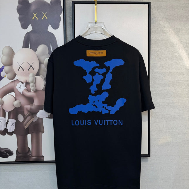 LV BLACK COTTON T-SHIRT BLUE STYLIZED LOGO 238916