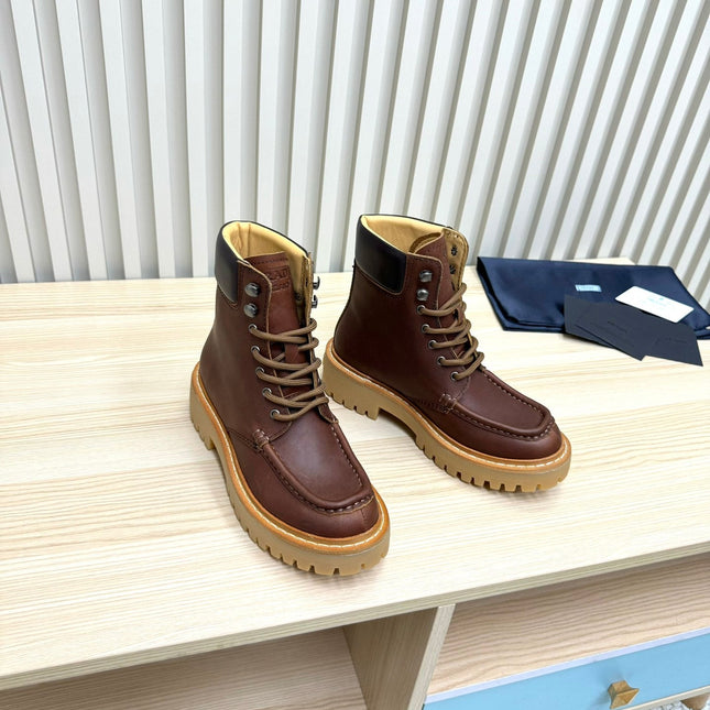 PRADA 25S LACE-UP ANKLE BOOTS IN DARK BROWN CALFSKIN