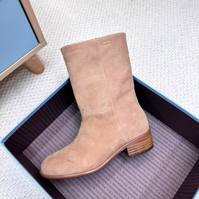 PRADA 25S LOW-CUT BOOTS IN LIGHT CARAMEL BROWN SUEDE
