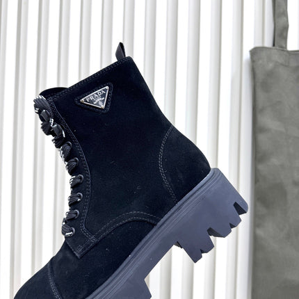 PRADA 25S MONOLITH BOOTS IN BLACK SUEDE