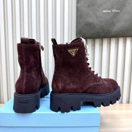 PRADA 25S MONOLITH BOOTS IN DARK PLUM BROWN SUEDE