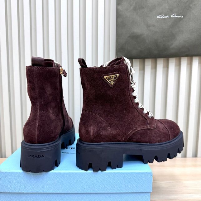 PRADA 25S MONOLITH BOOTS IN DARK PLUM BROWN SUEDE