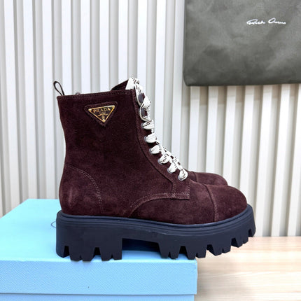 PRADA 25S MONOLITH BOOTS IN DARK PLUM BROWN SUEDE