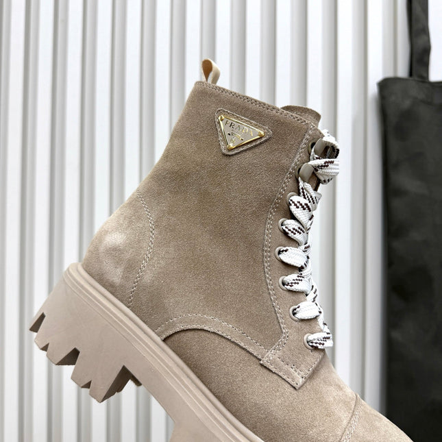 PRADA 25S MONOLITH BOOTS IN MUTED KHAKI BROWN SUEDE