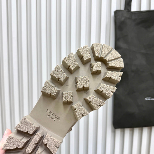 PRADA 25S MONOLITH BOOTS IN MUTED KHAKI BROWN SUEDE
