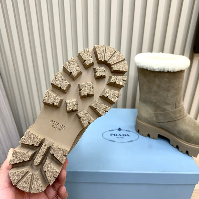 PRADA 25S MARTIN BOOTS IN BEIGE GRAY SUEDE FUR-LINED