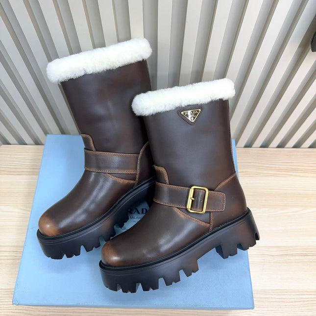 PRADA 25S MARTIN BOOTS IN DARK BROWN CALFSKIN FUR-LINED