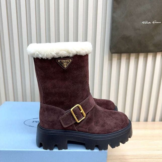 PRADA 25S MARTIN BOOTS IN DARK BURGUNDY BROWN SUEDE FUR-LINED