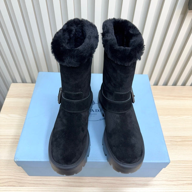 PRADA 25S MARTIN BOOTS IN DARK NAVY BLUE SUEDE FUR-LINED