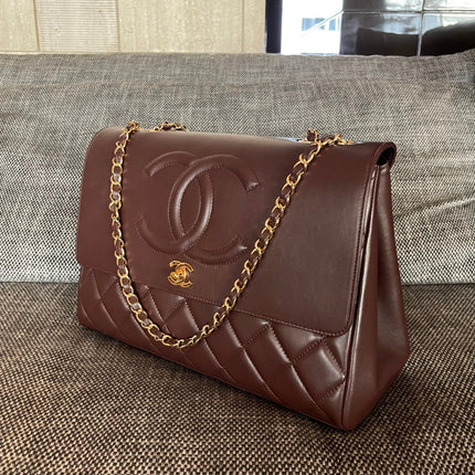 CHANEL 26S LARGE CC LOGO FLAP SHOULDER BAG 33 IN DARK BROWN LAMBSKIN GOLD HARDWARE