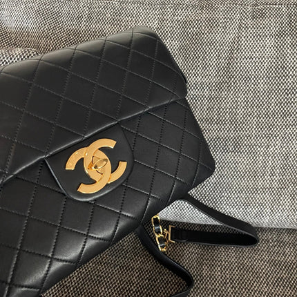 CHANEL 26S QUILTED FLAP BACKPACK 28 IN BLACK LAMBSKIN GOLD HARDWARE