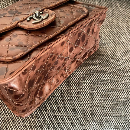 CHANEL 26S CLASSIC FLAP BAG 26 IN BROWN SPLATTER PRINT CALFSKIN DARK SILVER HARDWARE