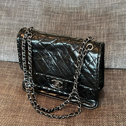 CHANEL 26S CLASSIC FLAP BAG 26 IN BLACK AGED CRINKLED CALFSKIN DARK SILVER HARDWARE