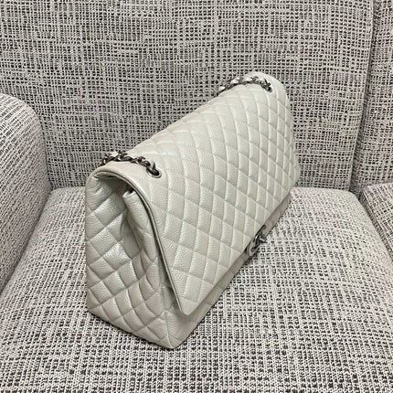 CHANEL 26S CLASSIC JUMBO FLAP BAG 46 IN LIGHT GREY CAVIAR CALFSKIN DARK SILVER HARDWARE