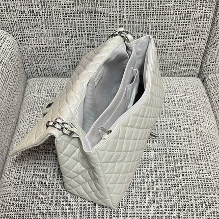 CHANEL 26S CLASSIC JUMBO FLAP BAG 46 IN LIGHT GREY CAVIAR CALFSKIN DARK SILVER HARDWARE