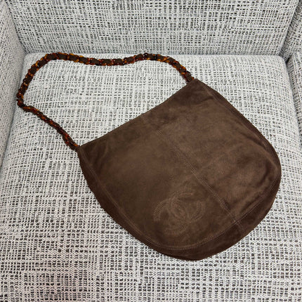 CHANEL 26S LARGE HOBO BAG 33 IN DARK BROWN SUEDE TORTOISE RESIN CHAIN