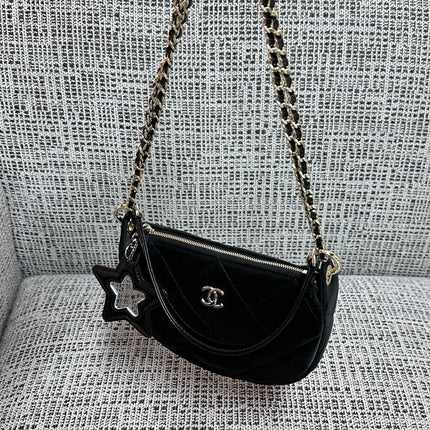CHANEL 26S STAR CHARM HALF MOON SHOULDER BAG 20 IN BLACK SATIN GOLD HARDWARE