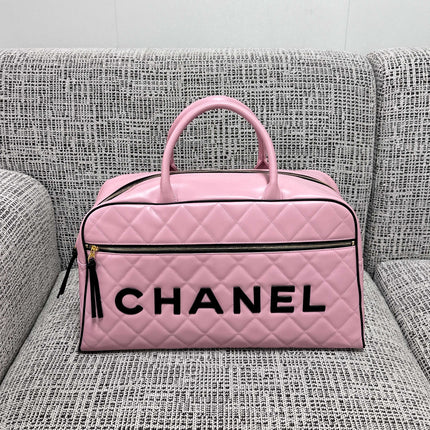 CHANEL 26S BOWLING BAG LARGE 46 IN LIGHT PINK AND BLACK CALFSKIN GOLD HARDWARE