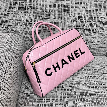 CHANEL 26S BOWLING BAG LARGE 46 IN LIGHT PINK AND BLACK CALFSKIN GOLD HARDWARE