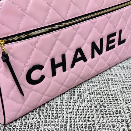 CHANEL 26S BOWLING BAG LARGE 46 IN LIGHT PINK AND BLACK CALFSKIN GOLD HARDWARE