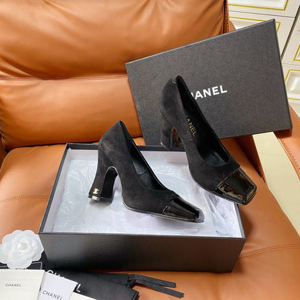 CHANEL 26S HIGH-HEEL 90 MM IN BLACK SUEDE AND LAMBSKIN