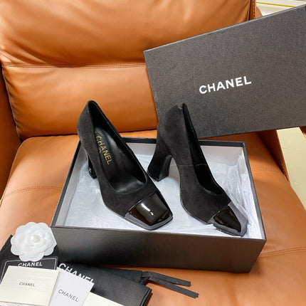 CHANEL 26S HIGH-HEEL 90 MM IN BLACK SUEDE AND LAMBSKIN