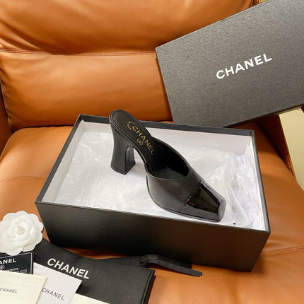 CHANEL 26S HIGH-HEEL MULES 90 MM IN BLACK LAMBSKIN