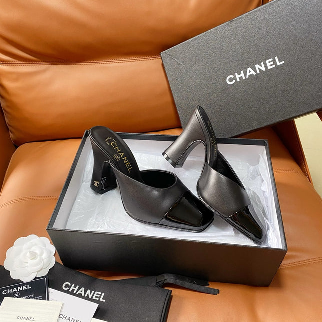 CHANEL 26S HIGH-HEEL MULES 90 MM IN BLACK LAMBSKIN