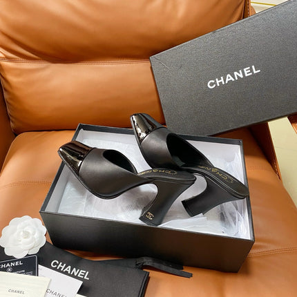 CHANEL 26S HIGH-HEEL MULES 90 MM IN BLACK LAMBSKIN