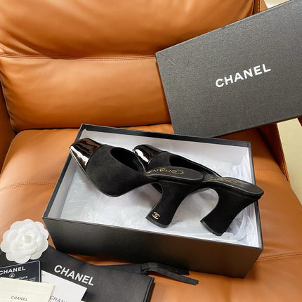 CHANEL 26S HIGH-HEEL MULES 90 MM IN BLACK SUEDE AND LAMBSKIN