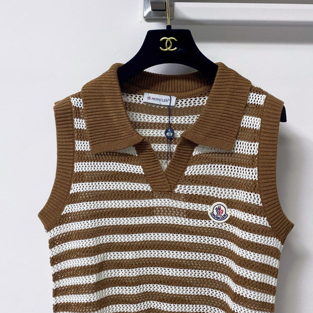 MONCLER 26S SLEEVELESS STRIPED KNIT POLO TOP 674