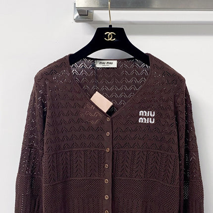 MIUMIU 26S V-NECK OPENWORK KNIT CARDIGAN 1290