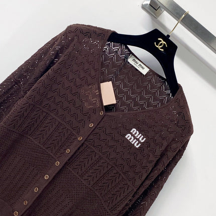 MIUMIU 26S V-NECK OPENWORK KNIT CARDIGAN 1290