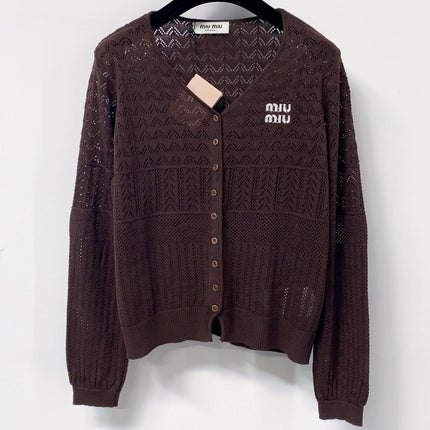 MIUMIU 26S V-NECK OPENWORK KNIT CARDIGAN 1290