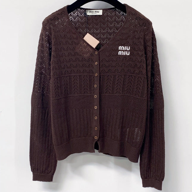 MIUMIU 26S V-NECK OPENWORK KNIT CARDIGAN 1290