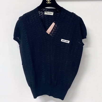 MIUMIU 26S V-NECK SHORT-SLEEVE KNIT TOP 1283