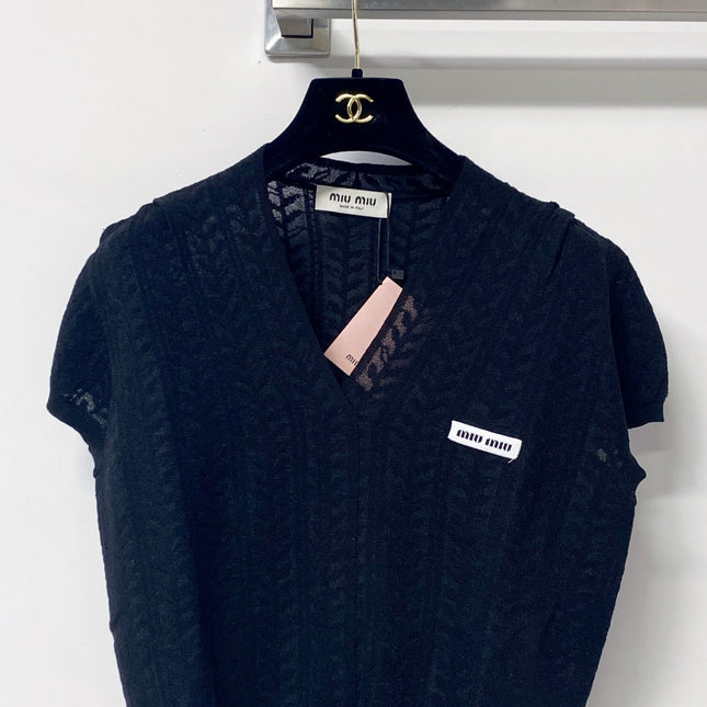MIUMIU 26S V-NECK SHORT-SLEEVE KNIT TOP 1283