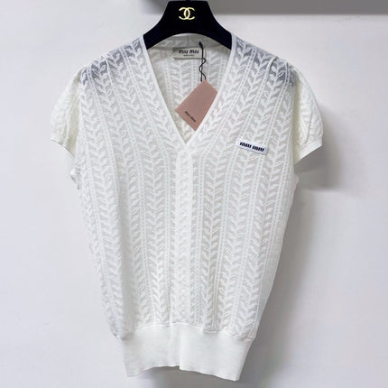 MIUMIU 26S V-NECK SHORT-SLEEVE KNIT TOP 1282