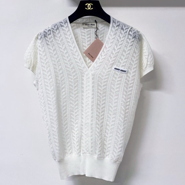 MIUMIU 26S V-NECK SHORT-SLEEVE KNIT TOP 1282