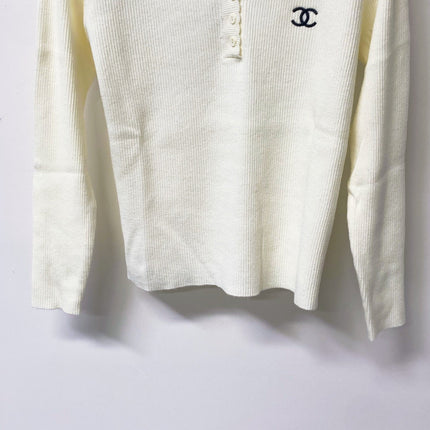 CHANEL 26S LACE-SHOULDER RIBBED KNIT HENLEY TOP 1674