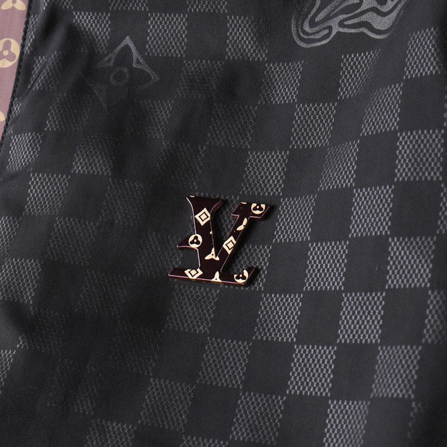 LV HOODED JACKET IN BLACK DAMIER AND BROWN TRIM 239036