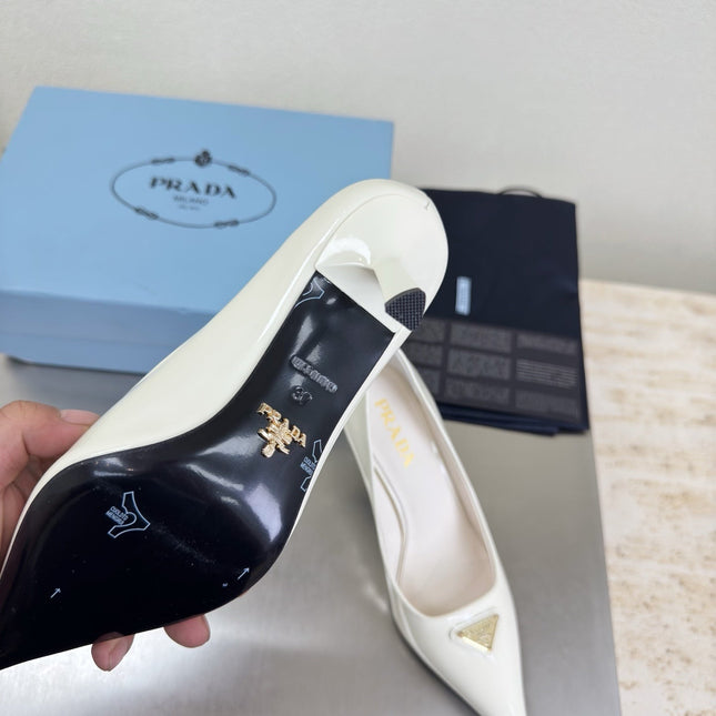 PRADA 26S POINTED TOE PUMPS 75MM IN WHITE PATENT CALFSKIN