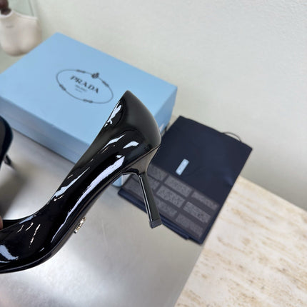 PRADA 26S POINTED TOE PUMPS 75MM IN BLACK PATENT CALFSKIN