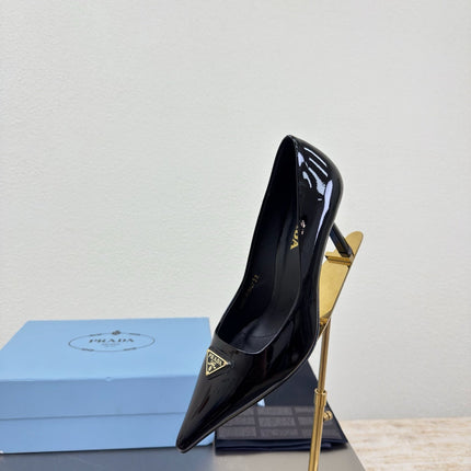 PRADA 26S POINTED TOE PUMPS 75MM IN BLACK PATENT CALFSKIN