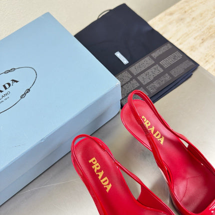 PRADA 26S SLINGBACK POINTED HEELS 75MM IN RED PATENT CALFSKIN